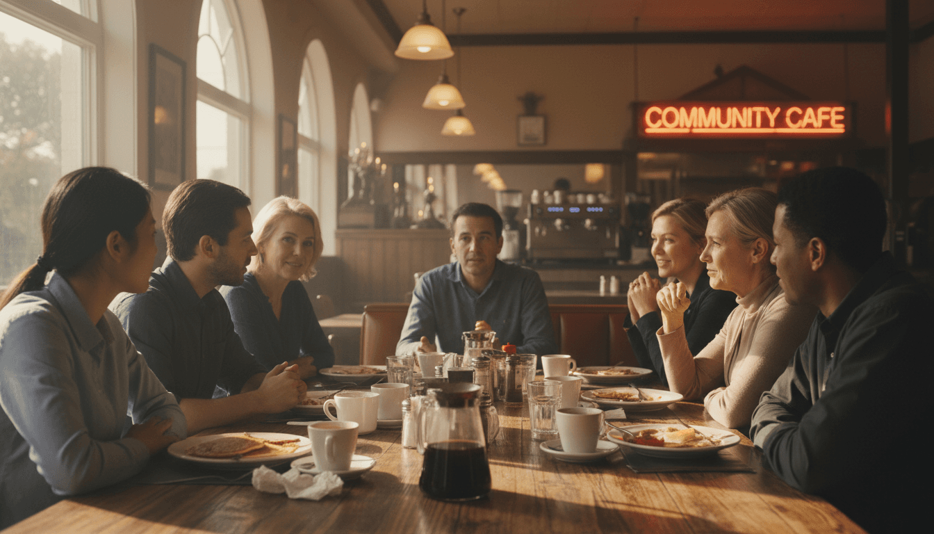 Diverse group of Rotary Club members gathered for a Wednesday morning meeting at a local diner, sharing conversation and coffee
